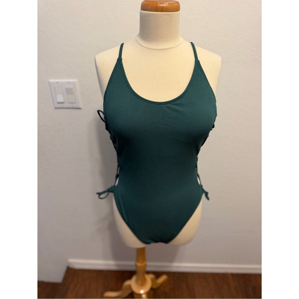 Ribbed Forest Green One-Piece Swimsuit with Side Ties